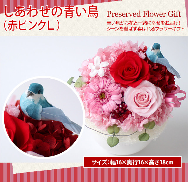 アレンジ「幸せの青い鳥（赤ピンクＬ）」-プリザーブドフラワーギフト-花屋-フラワーギフト-インターネット宅配花屋さん花RiRo